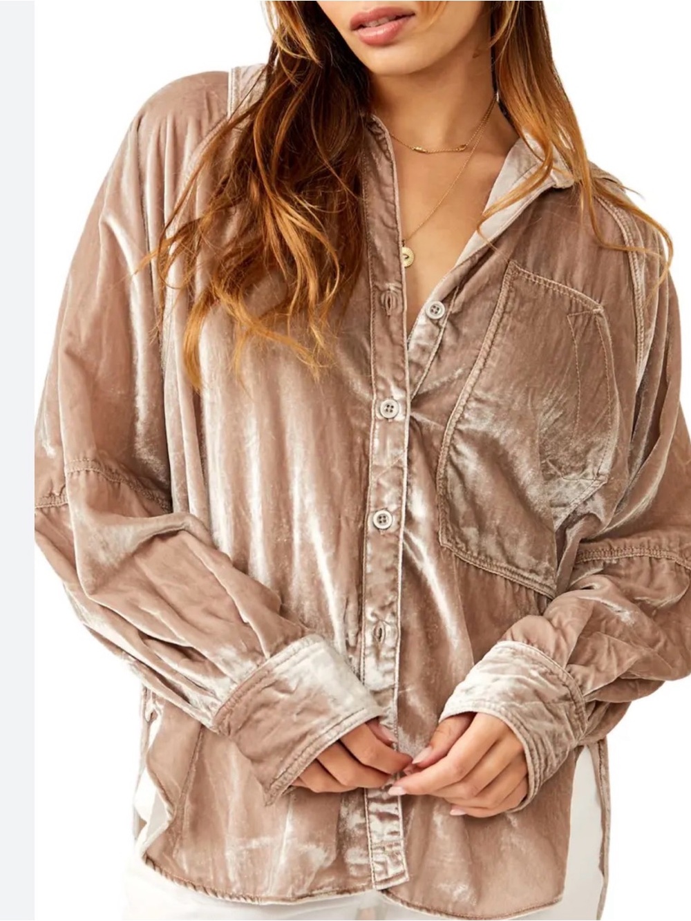 We The Free Velvet Button-Down Shirt - Taupe